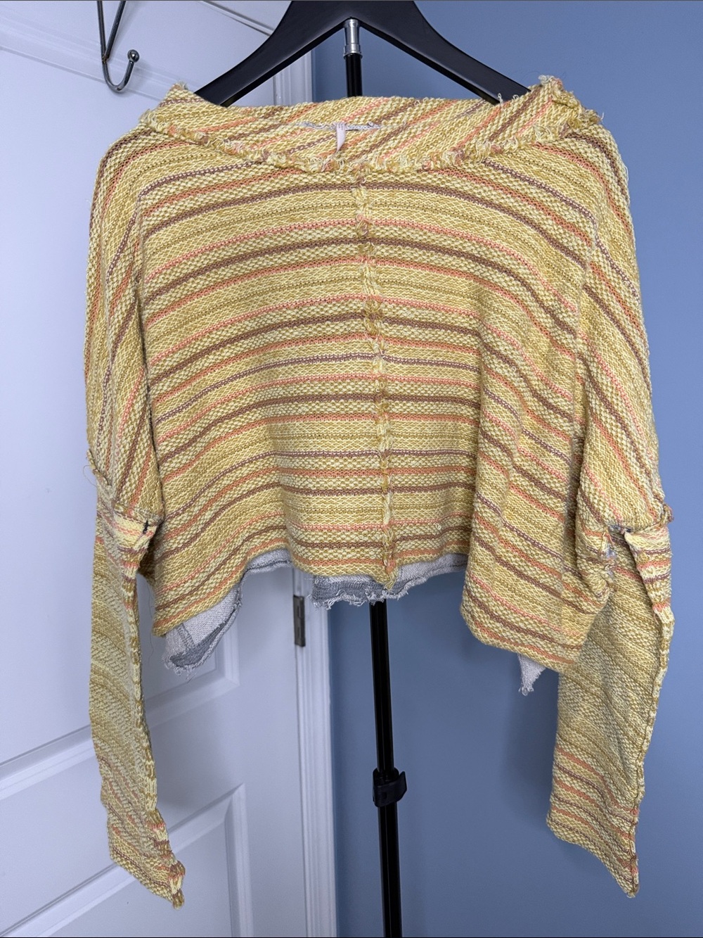 Free People Yellow Striped Cropped Hooded Sweater